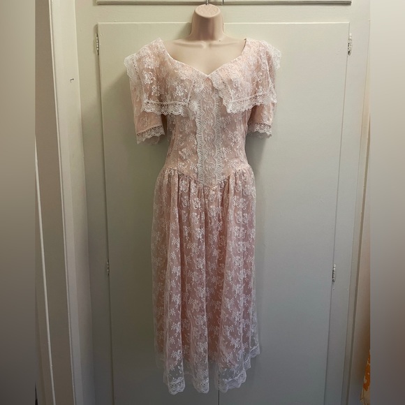 1980’s Gunne Sax Vintage Pink & Lace Dress Large - Picture 1 of 10